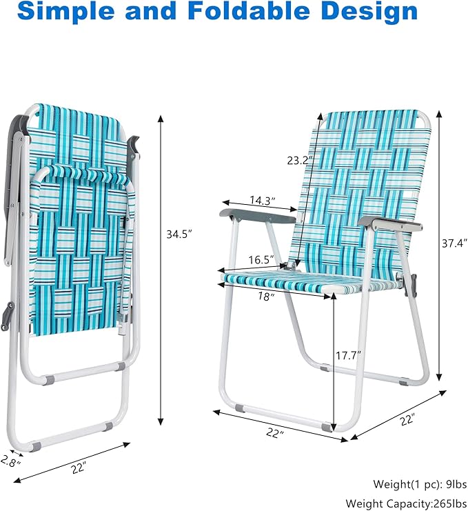 VINGLI Patio Lawn Webbed Folding Chairs Set of 4, Outdoor Beach Chair Portable Dining Chair for Outdoor Yard, Garden (White & Blue, Classic)