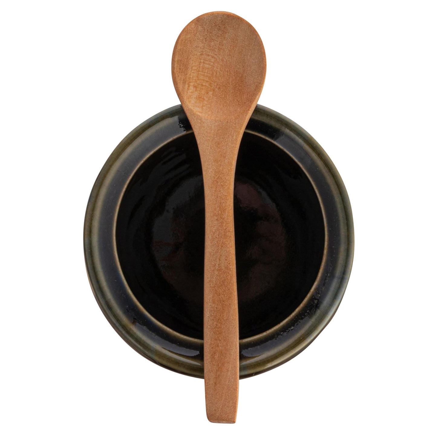 Creative Co-Op Stoneware Sugar Pot with Lid and Wood Spoon, Deep Green Glaze