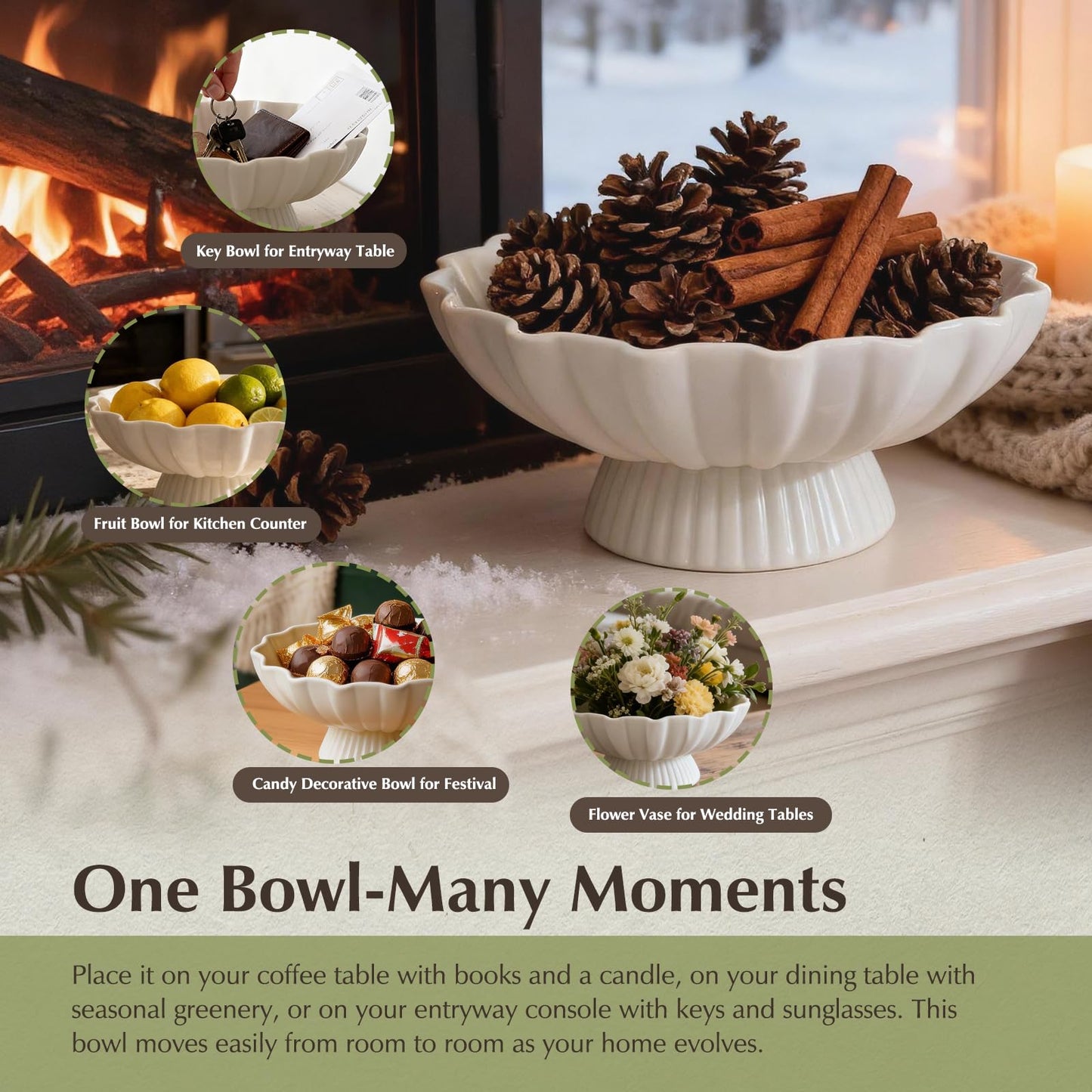 White Pedestal Fruit Bowl for Kitchen Counter, 9-Inch Ceramic Centerpiece Bowl with Fluted Texture, Modern Farmhouse Coffee Table Decor for Dining Table,Entryway Key Bowl, HouseWarming Gift