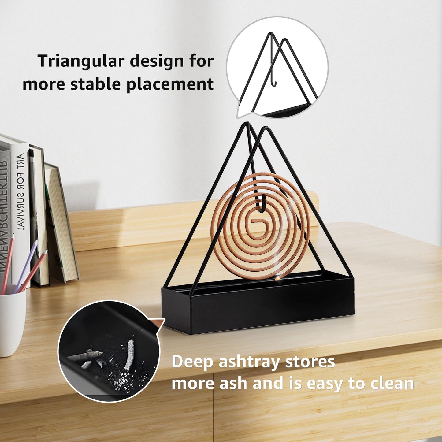 2 Pcs Black Iron Mosquito Coil Holder Full Metal Triangular Hanging Coil Tray Ash Catcher Fireproof Material Incense Holder Outdoor Home Garden Decor for Bar Courtyard Office Desktop (Black)
