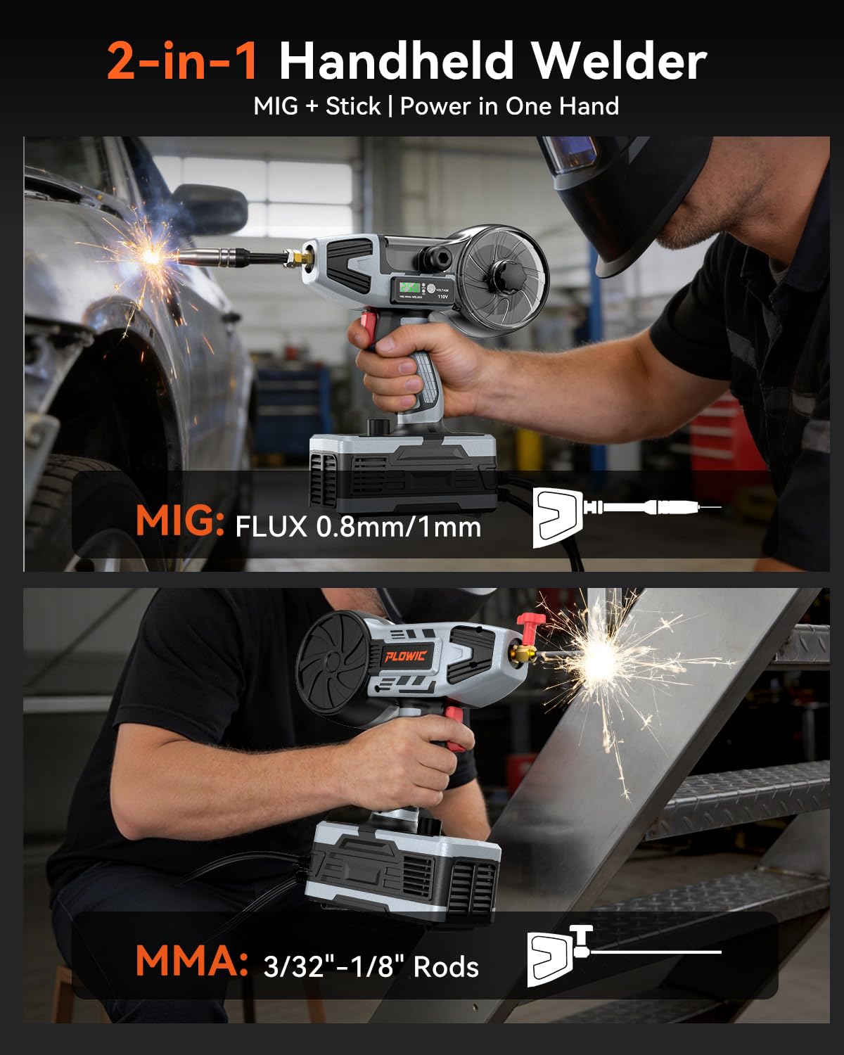 2 in 1 Handheld MIG and Stick Welder: PLOWIC 250A Portable Welding Machine, 110V Gasless Flux Core Wire Feed & MMA ARC Welder Gun for Home DIY, Repair, Farm - for .032"/.040" Wire and 3/32"-1/8" Rod