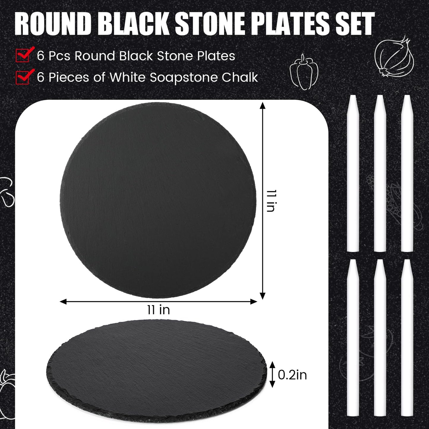 Uiifan 6 Pcs 11 Inch Round Slate Cheese Boards Round Black Stone Plates for Wedding Day Charcuterie Board Cheese Platter Serving Stone Tray Soapstone Chalk for Meats Appetizers Dried Fruit Party Gifts
