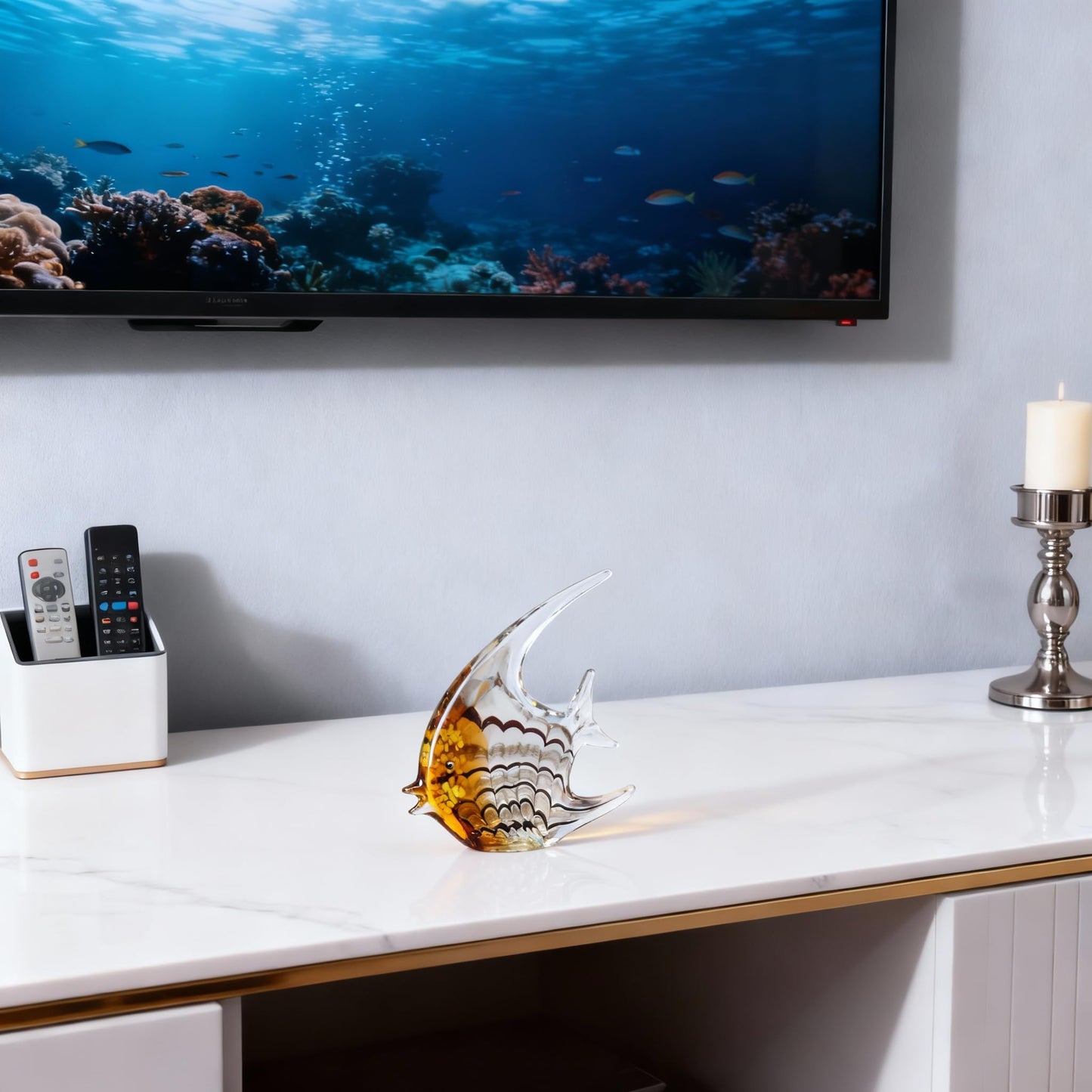 DOVDOV Hand-Blown Glass Fish Decorative Sculpture, Amber Ocean Glass Art Decor, Coastal-Themed Ornament, Suitable for bedrooms, Offices, Coffee Tables, and TV Consoles, Marine Animal Sculpture Art.