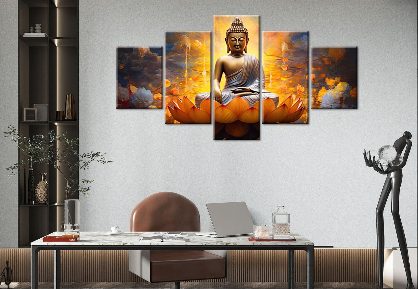DJSYLIFE Gold Buddha Wall Art for Living Room Large 5 Piece Zen Photo Picture HD Canvas Print Paintings for Yoga Room Home Decor Modern Artwork Framed Ready to Hang Decorations (60" W x 32" H)