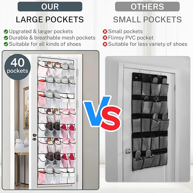 40 Large Mesh Pocket Over the Door Shoe Organizer, Hanging Shoe Rack