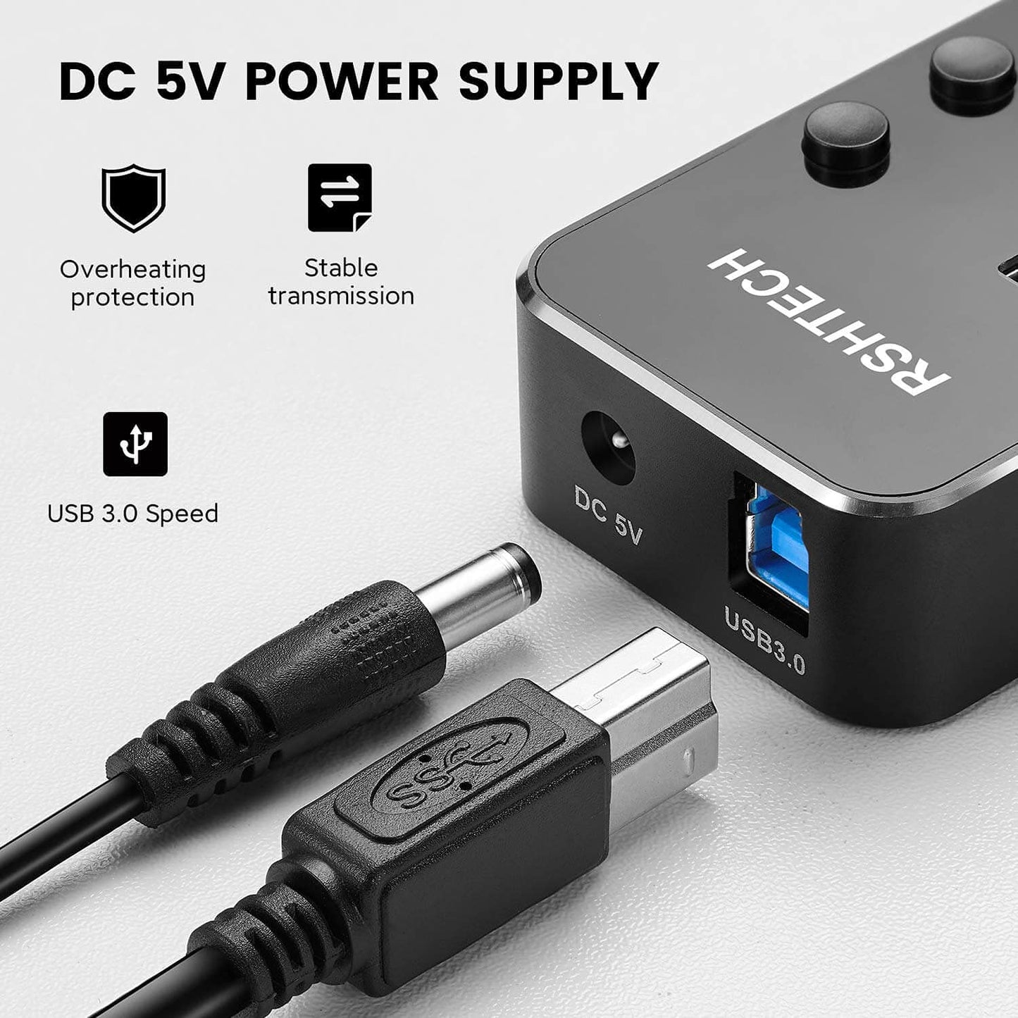 RSHTECH Powered USB Hub Aluminum 4-port USB 3.0 Hub with 5V/2A Power Supply and Individual On/Off Switch (Black)