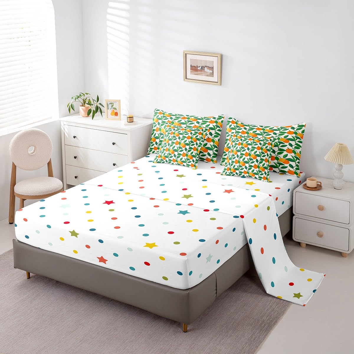 Orange Full Size Bed Sheets and Comforter Set,Kawaii Fruit 7 Piece Bedding Set Green Plant Leaves Bed in a Bag,Tangerine Orange Tropical Botanical Bed Sets