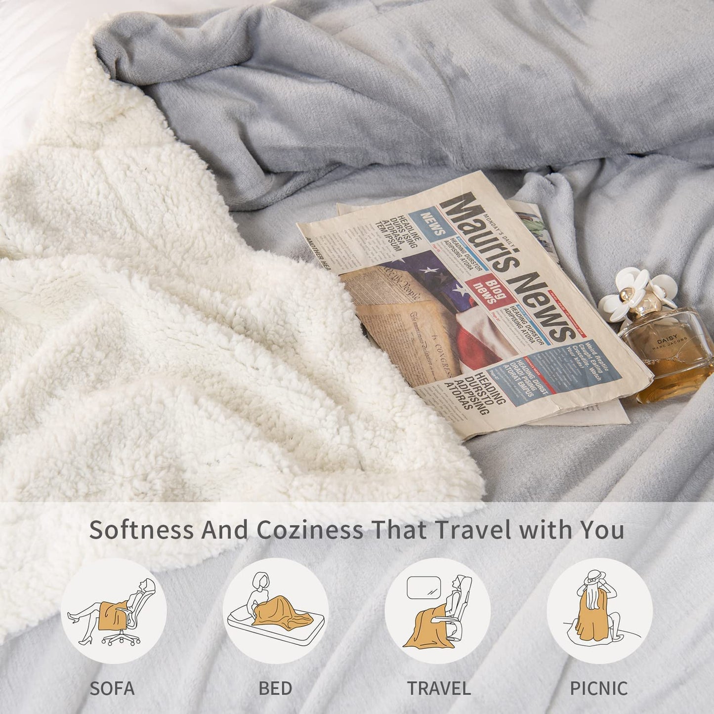 Good Nite Throw Blanket 130x150cm Fleece Flannel Sherpa Soft Blankets Fluffy Reversible Microfiber for Bed Couch Sofa and Travel (Grey,Single)