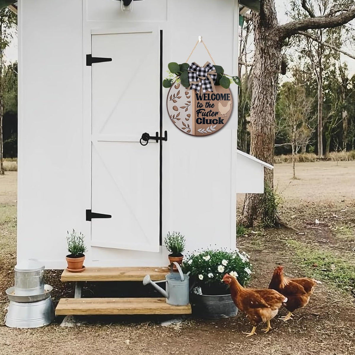 CHDITB Funny Chicken Wooden Sign, Rustic Farmhouse Wall Art Plaque, Chicken Coop Barnyard Hanging, Hen House Coop Round Sign,Welcome To The Fuster Cluck Door Hanger For Porch Outdoor Country Home Decor