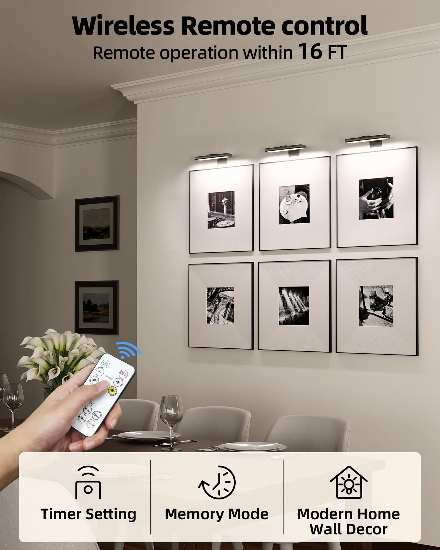 EZVALO Picture Light for Wall, Rechargeable 2400mAh Battery Lights Wireless with IR Remote, 3 Color & Dimmable Magnetic 7.8'' LED Lights Display for Painting, Living Room, Gallery, Bedroom(Black-3P)