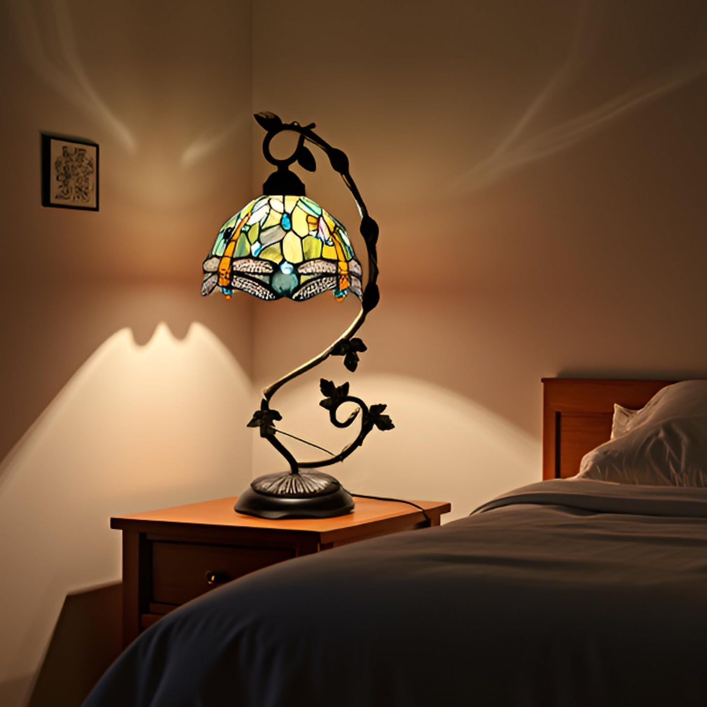 HWDFEI Tiffany Table Lamp, Stained Glass Desk Reading Light,Metal Leaf Table Lamp Base 8X10X21 Inches (Brown Dragonfly)