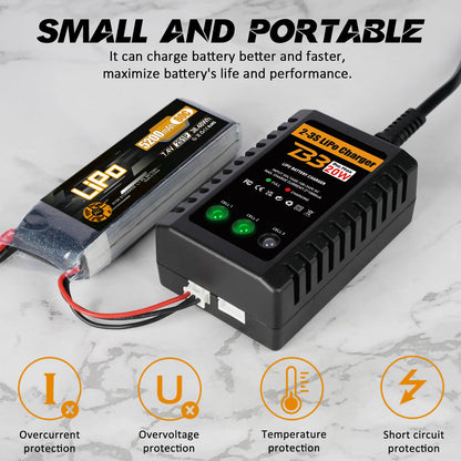 HTRC Lipo Battery Charger, 20W Lipo Charger for 2-3S Lipo Battery Pack(7.4V-11.1V), Airsoft Battery Charger, Fast RC Balance Charger for RC Car, Airsoft Gun, RC Boat, Etc