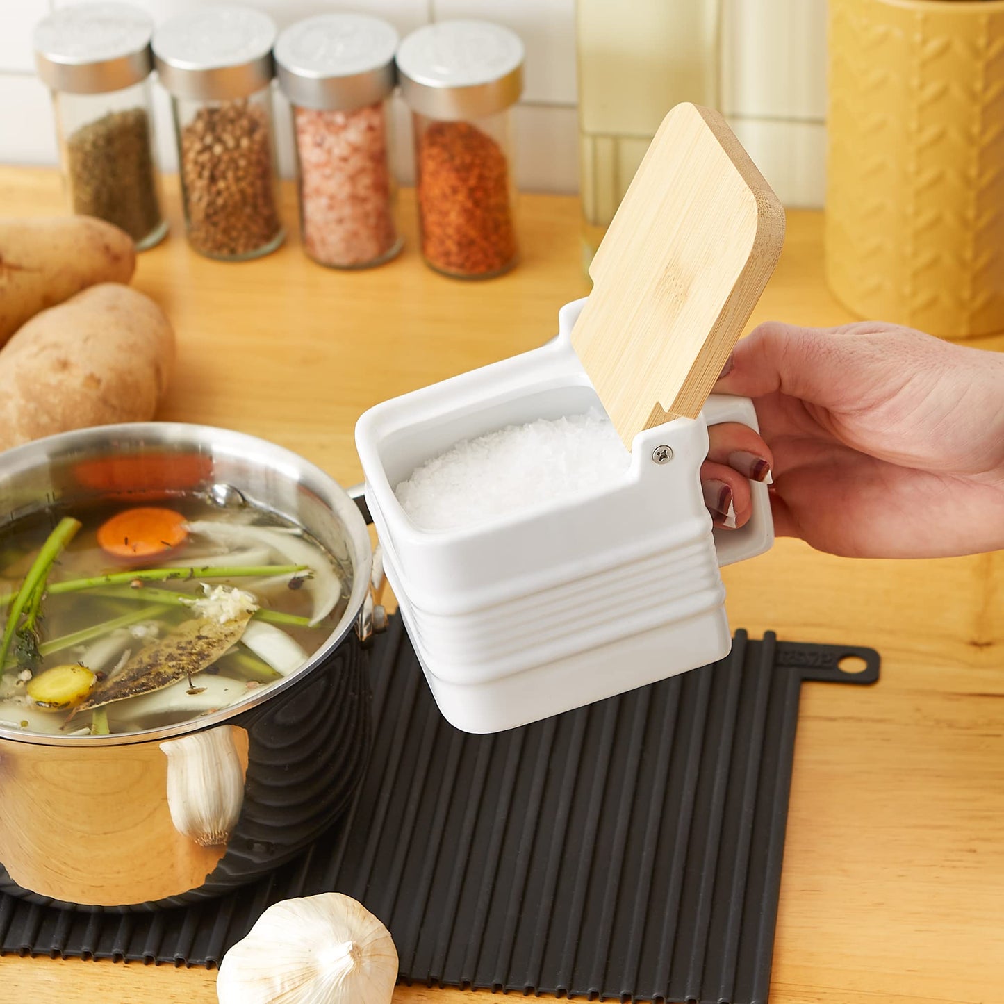 RSVP International White Stoneware Kitchen Collection, Salt Box, 4.5x3.25x3.5"