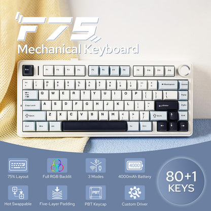 EPOMAKER AULA F75 Wireless Mechanical Gaming Keyboard, 75% Layout with Knob, Creamy Gasekt-Mount with Sound-Dampening, RGB, Hot-Swap, Bluetooth/2.4Ghz (Light Blue, Ice Vein Switch)