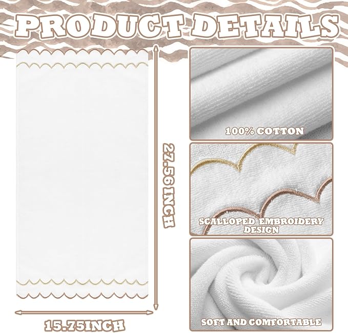 2 Pcs Scalloped Hand Towels 100% Cotton Fingertip Towels