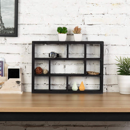MyGift 9 Compartment Vintage Solid Wood Shadow Box, Wall Mountable Curio Display Case, Freestanding or Floating Shelf for Collectible Figurines, Succulents (Matte Black)
