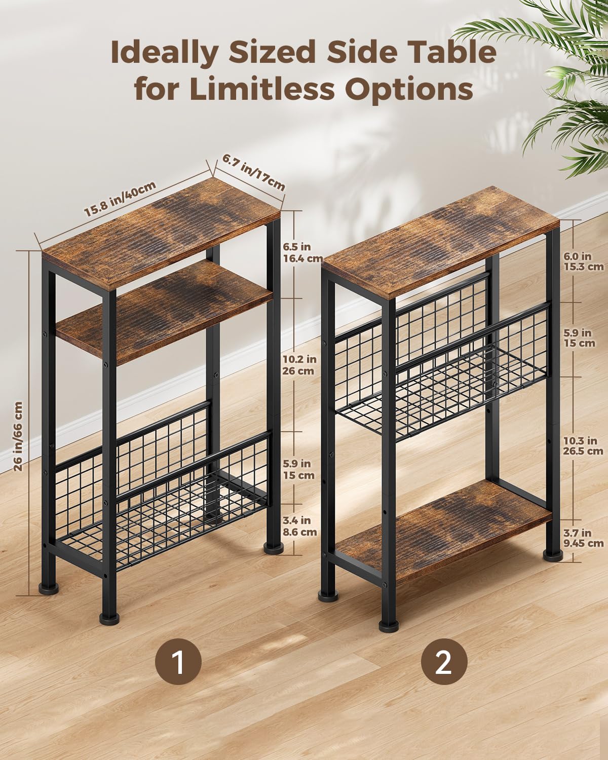 Karii Narrow Side Table, Skinny End Table for Small Spaces with Storage, 3-Tier Slim Wooden Bedside Nightstand Thin Couch Table for Living Room Bedroom Office Dorm Kitchen Bathroom (1, Rustic Brown)