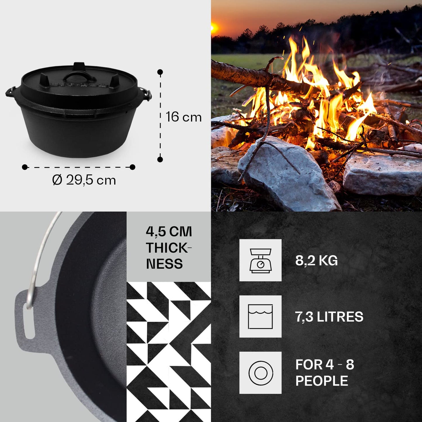 ToCis Big BBQ 7.3L Pre-seasoned Dutch Oven & Cast Iron Skillet Lid, Cast Iron Pot for Casserole Dishes with Lids, Oven Proof Crock Pot, Leakproof BBQ Camping Oven