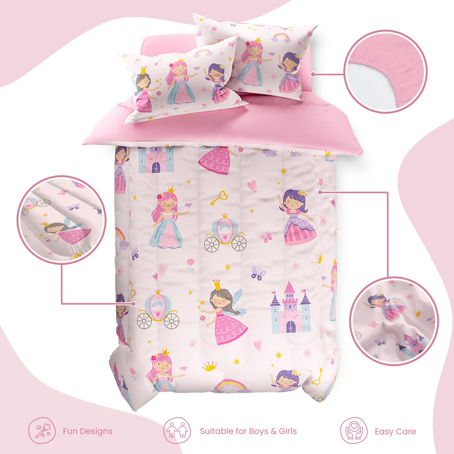 SANDJEST Princess Comforter Set Twin Size 68x86in for Kids Girls, Microfiber 3 Pcs Bedding Set Includes 1 Comforter, 1 Pillowcase, 1 Fitted Sheet, Nursery Room Decor