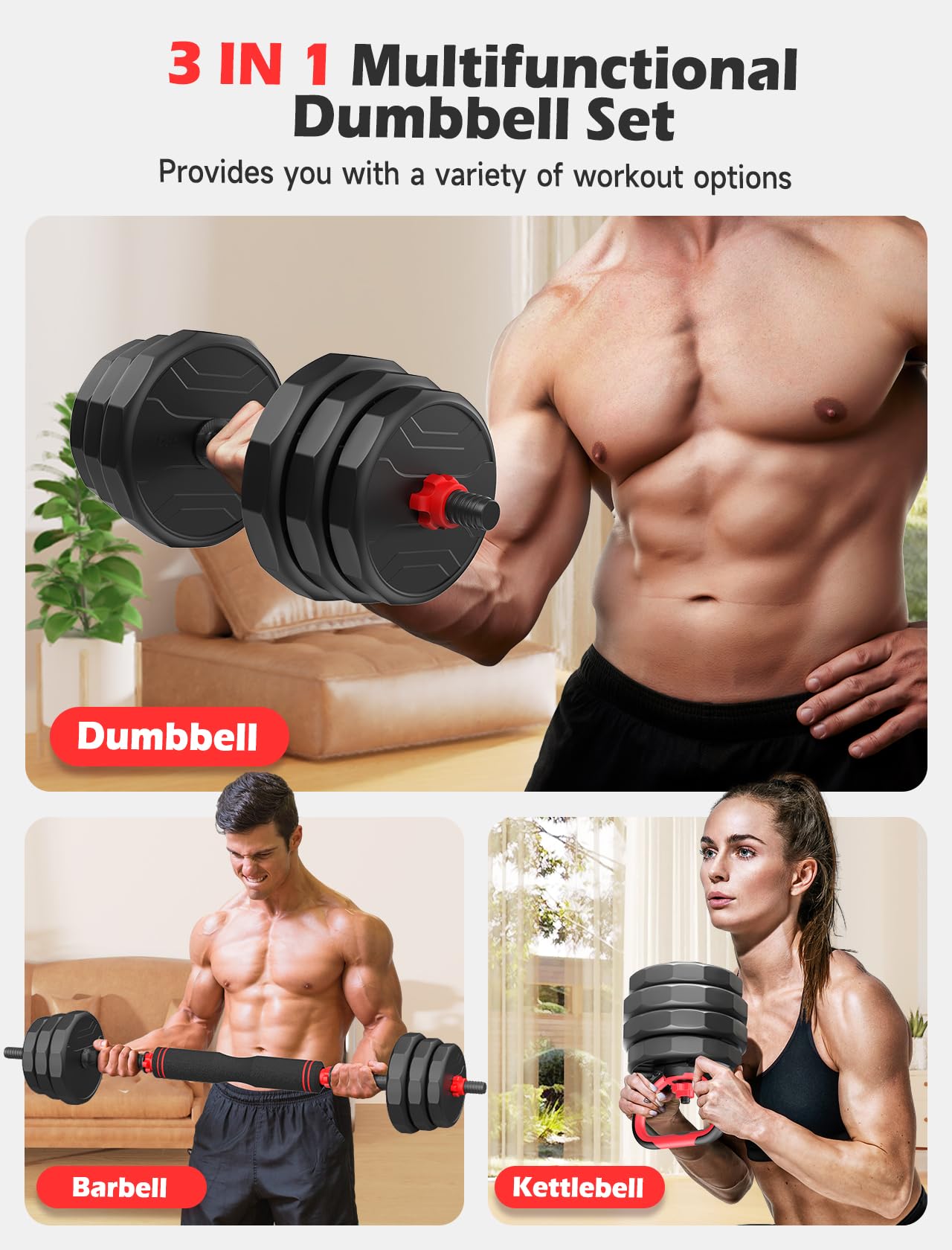 Adjustable Dumbbells, 20/30/40/55/60/70/80/90lbs Free Weights Dumbbells Convertible 2 or 3 in 1 Set Used as Barbell, Kettlebells, A Pair of Lightweight for Home Gym