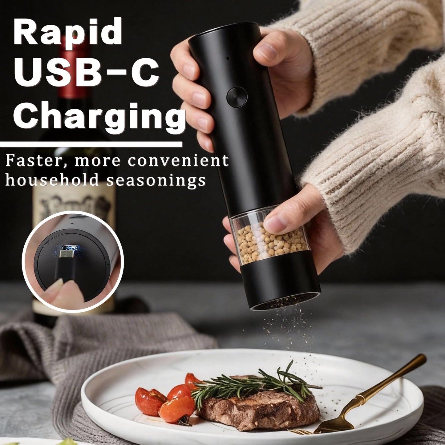 Electric Salt and Pepper Grinder Set, Rechargeable Automatic Salt and Pepper Shakers, One-Handed, Adjustable Coarseness, Pepper mills with stand, Seasoning Tools for Kitchen, Home Gifts