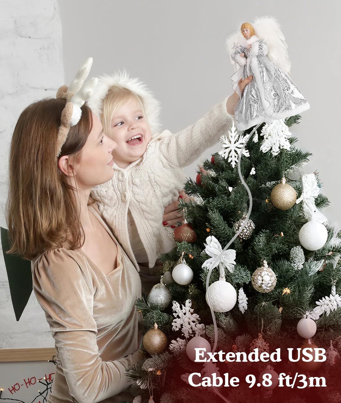 Luxspire Christmas Tree Topper, Angel Tree Topper with Lights, Angel Topper for Christmas Tree with Remote Control & Timer, USB Lighted Christmas Decorations for Holiday Home Indoor,White Dress