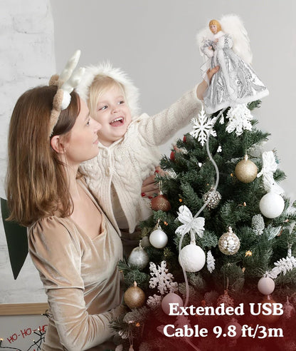 Luxspire Christmas Tree Topper, Angel Tree Topper with Lights, Angel Topper for Christmas Tree with Remote Control & Timer, USB Lighted Christmas Decorations for Holiday Home Indoor,White Dress