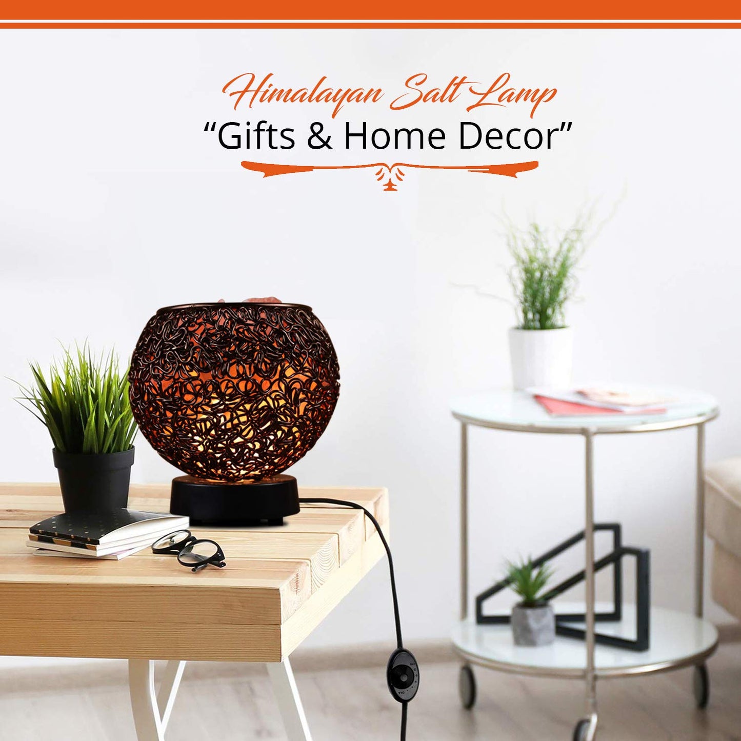 Plemo Natural Himalayan Salt Lamp with Genuine Wood Base in Classic Round Metal Basket with Dimmable Cord and Luxury Gift Box