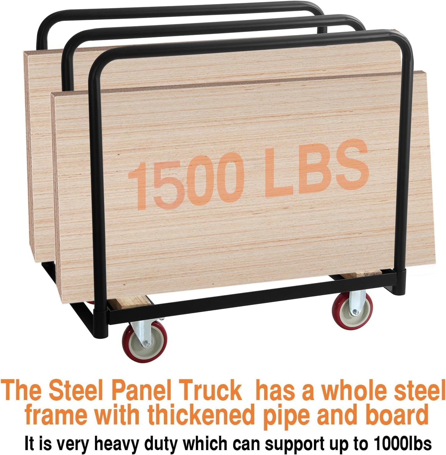 OUKIDR Steel Panel Truck, 1500lbs Capacity Panel Dolly Cart with 4 Swivel Casters and Removable Handrails, Heavy Duty Plywood Cart for Moving Lumber, Luggage Cargo, Warehouse Workshop Use, Black