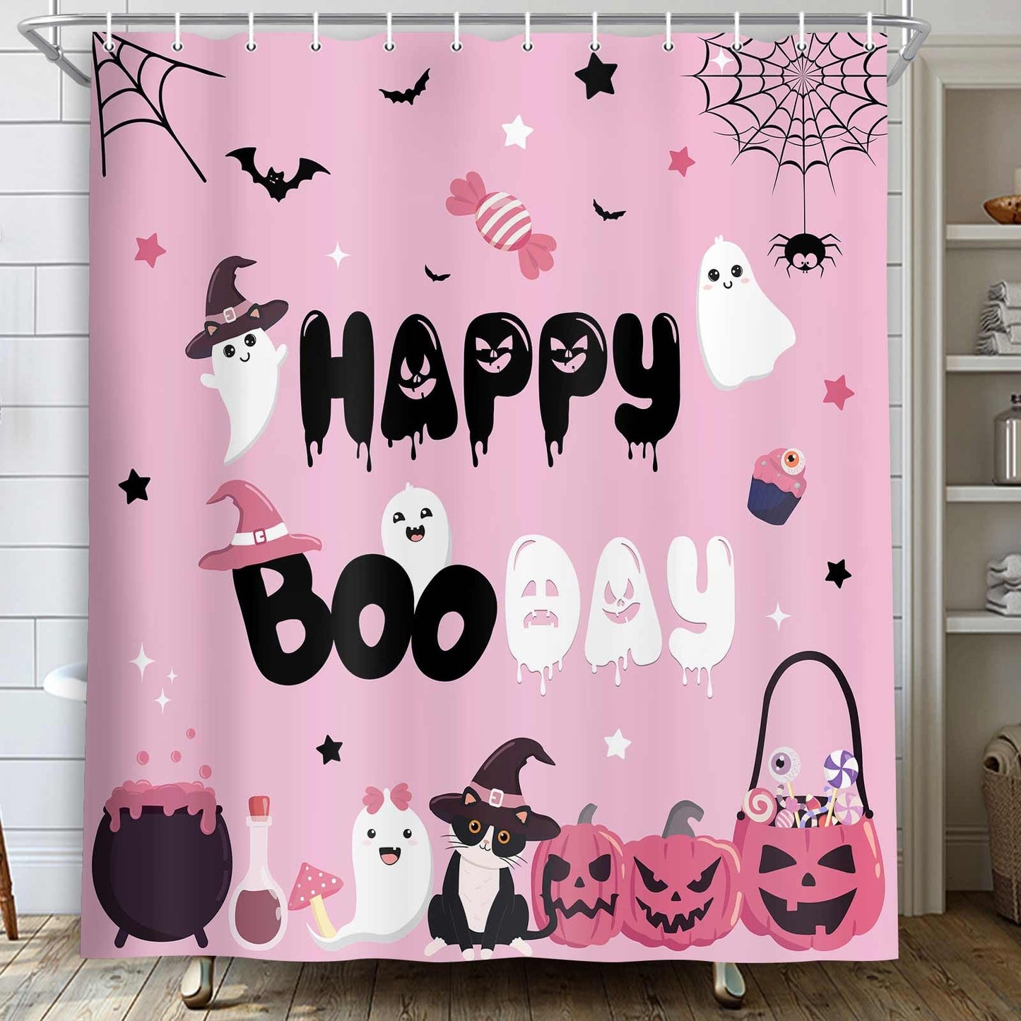 MERCHR Pink Halloween Shower Curtain Cute Ghost Pumpkin Funny Bathroom Curtains Waterproof Polyester Fabric Cloth Bath Curtain Decor 71X71Inch