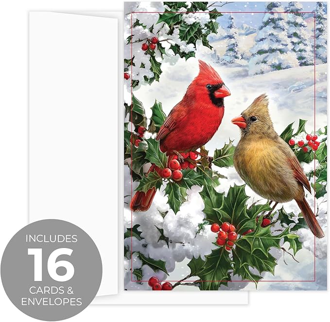 Masterpiece Cardinal Couple Christmas Cards / 16 Festive Holiday Cards With Coordinating White Envelopes Set / 5 5/8" x 7 7/8" Winter Cardinals Greeting Cards With Inside Verse/Made In The USA