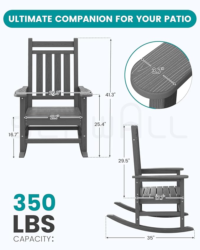 SERWALL Oversized Outdoor Rocking Chair Set of 4, HDPE Rocker for Adults, Patio Rocking Chairs for Porch, Grey