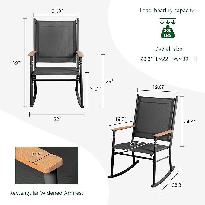 Shintenchi Outdoor Rocking Chairs Set of 2,Upgraded High Back Patio Rocking Chair Set,Breathable Textilene Fabric Outdoor Rocking Chair for Porch,Patio,Garden,Balcony,Black