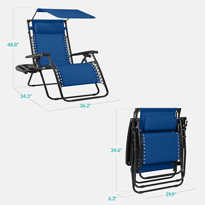 Best Choice Products 30” Wide Folding Zero Gravity Outdoor Recliner Patio Lounge Chair w/Adjustable Canopy Shade, Headrest, Side Accessory Tray - Marine