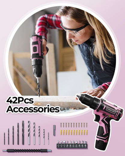 FAHEFANA Cordless Drill Set Pink, 12V Lightweight Electric Screwdriver Driver, Electric Power Drill with Battery & Charger, 3/8" Keyless Chuck, 42 Pcs Accessories, Tool Kit for Home DIY