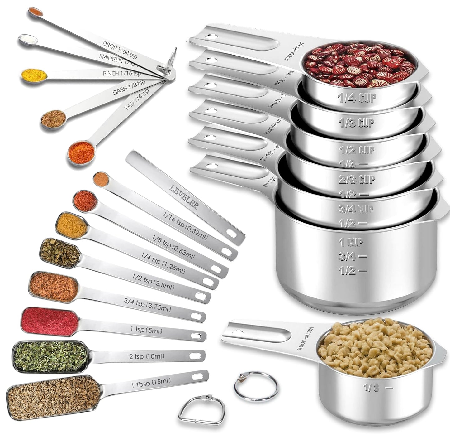 21 Pieces YUNNKEEY Measuring Cups and Spoons Set - Includes 7 Stainless Steel Measuring Cups, 8 Rectangular & 5 Mini Measuring Spoons with Leveler Fits Spice Jars, Ideal for Dry and Liquid Ingredients