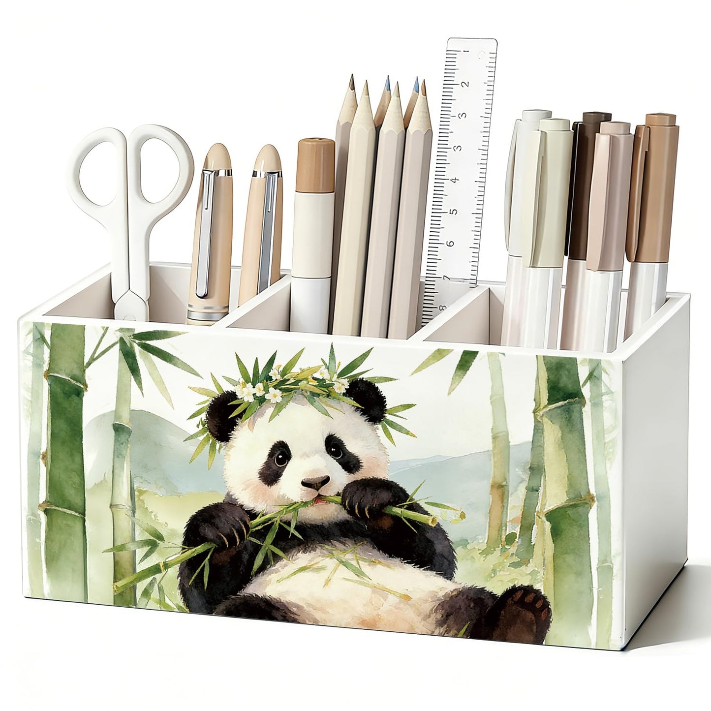 SkyCozy Panda Pen Pencil Holder for Desk, Panda Gifts for Women Girls, Animal Lovers Gifts Wooden Box Sign Decorations for Kids Room Bedroom Home Office Desk Tabletop