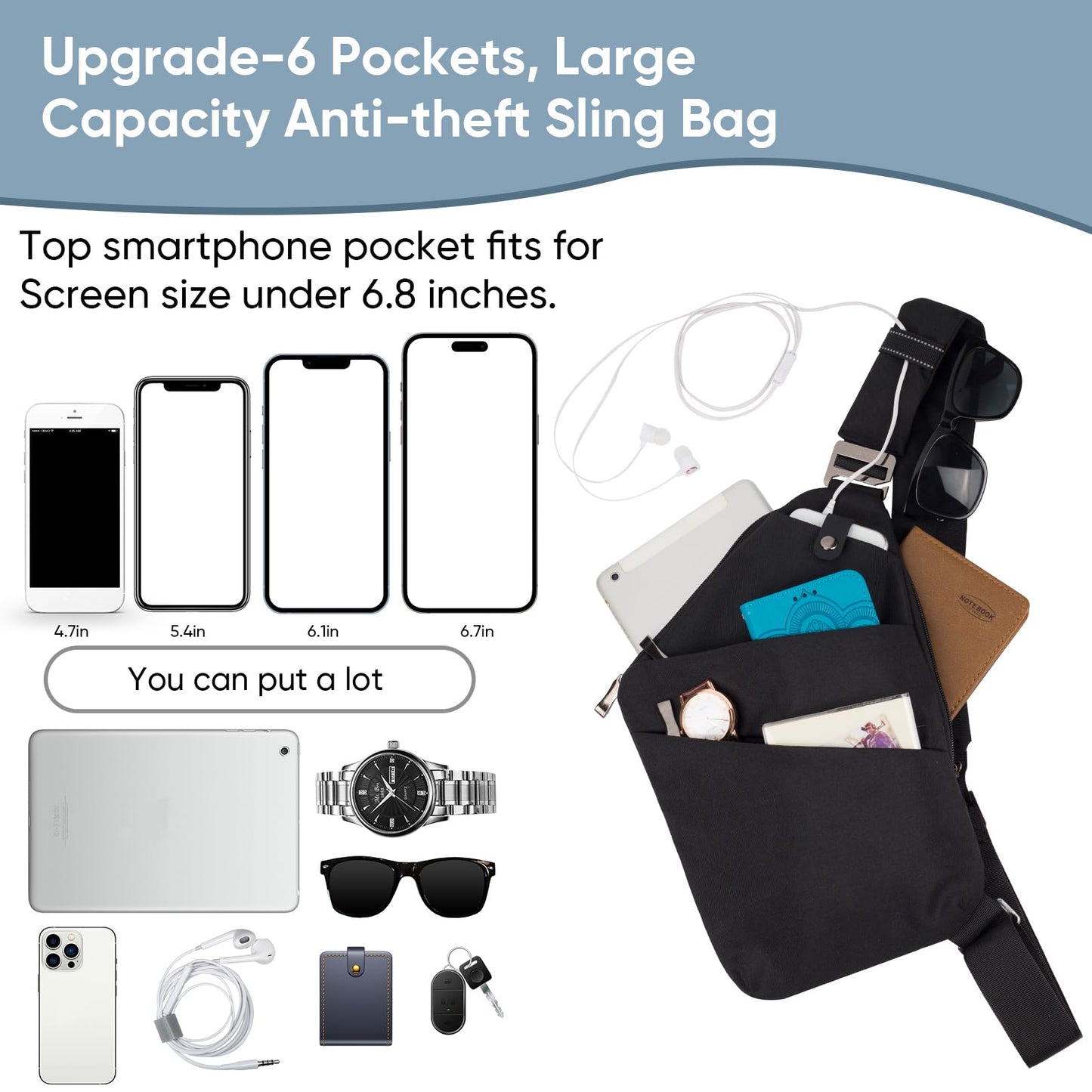 BROADREAM Anti Theft Sash Sling Crossbody Bag, Nylon Small Rucksack for Women, Waterproof One Strap Backpack Chest Bag, Casual Lightweight Men Bags for Travel Sports Hiking Cycling