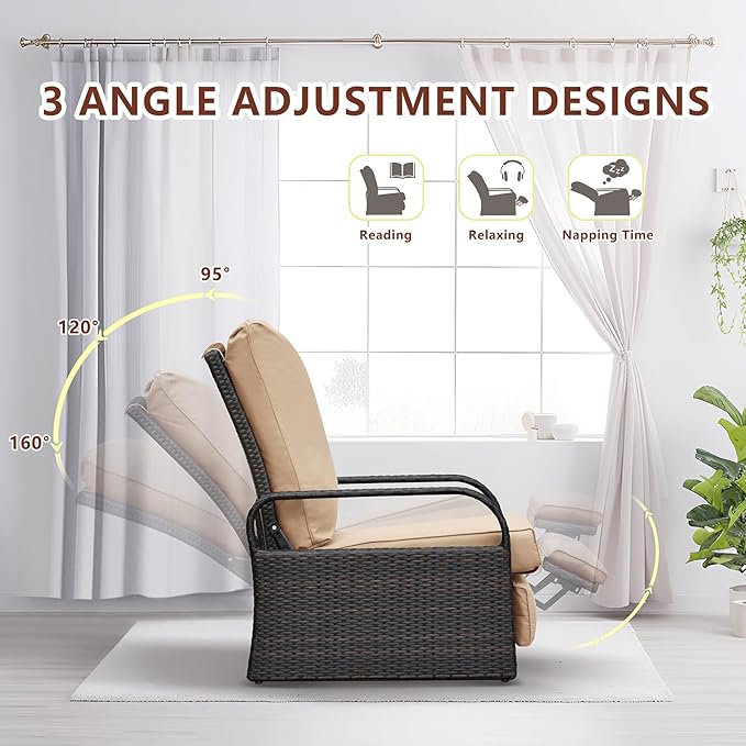 ATR ART TO REAL Outdoor Recliner, Outdoor Wicker Recliner Chair with 5.12'' Cushions, Automatic Adjustable Patio Chaise Lounge Chairs, Aluminum Frame. UV Protected and Rustless (Khaki)