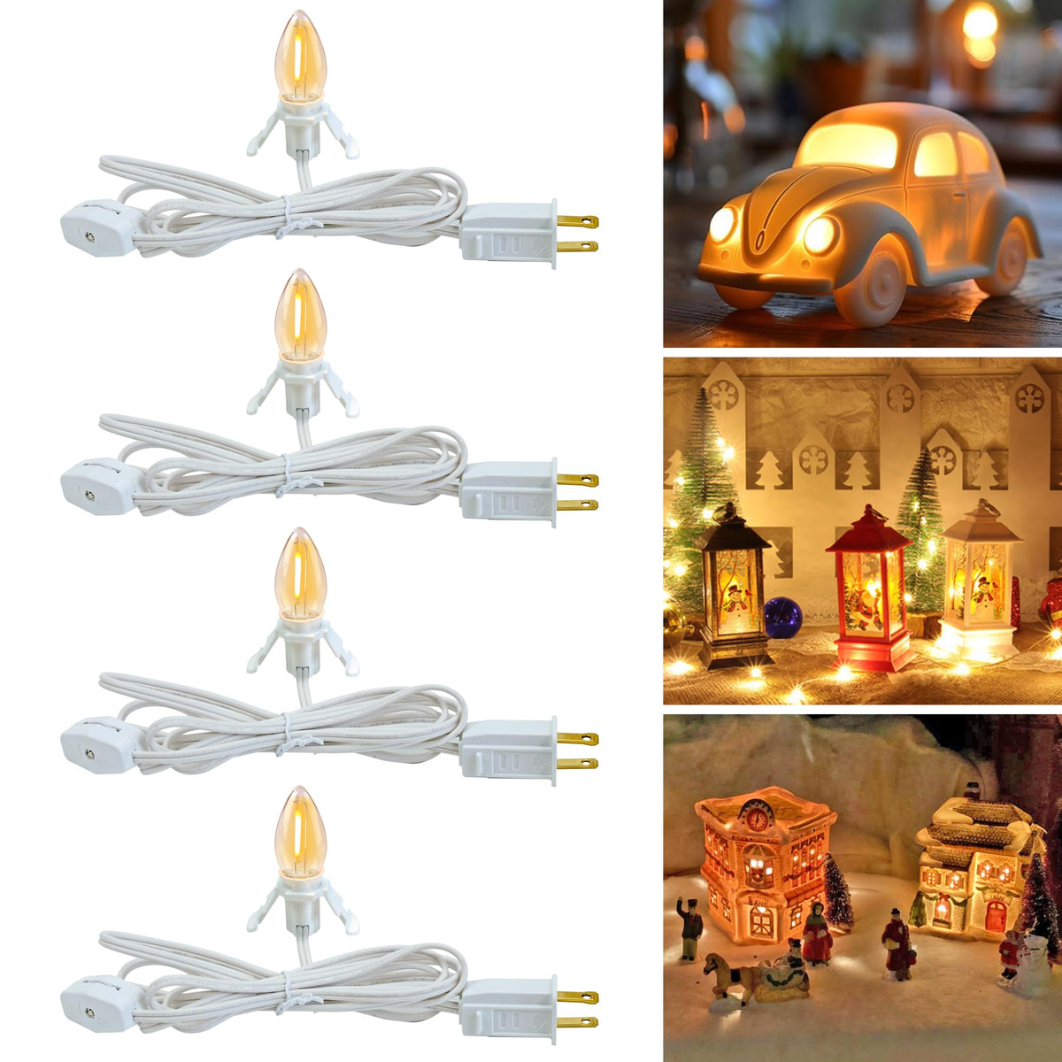 FUTIME Set of 4 Accessory Cord with One Led Light Bulb 6Ft Blow Mold Light IndoorString Lights, C7 Lamp with Spare Fuse for Halloween and Christmas Decorations, Craft Village House Decoration
