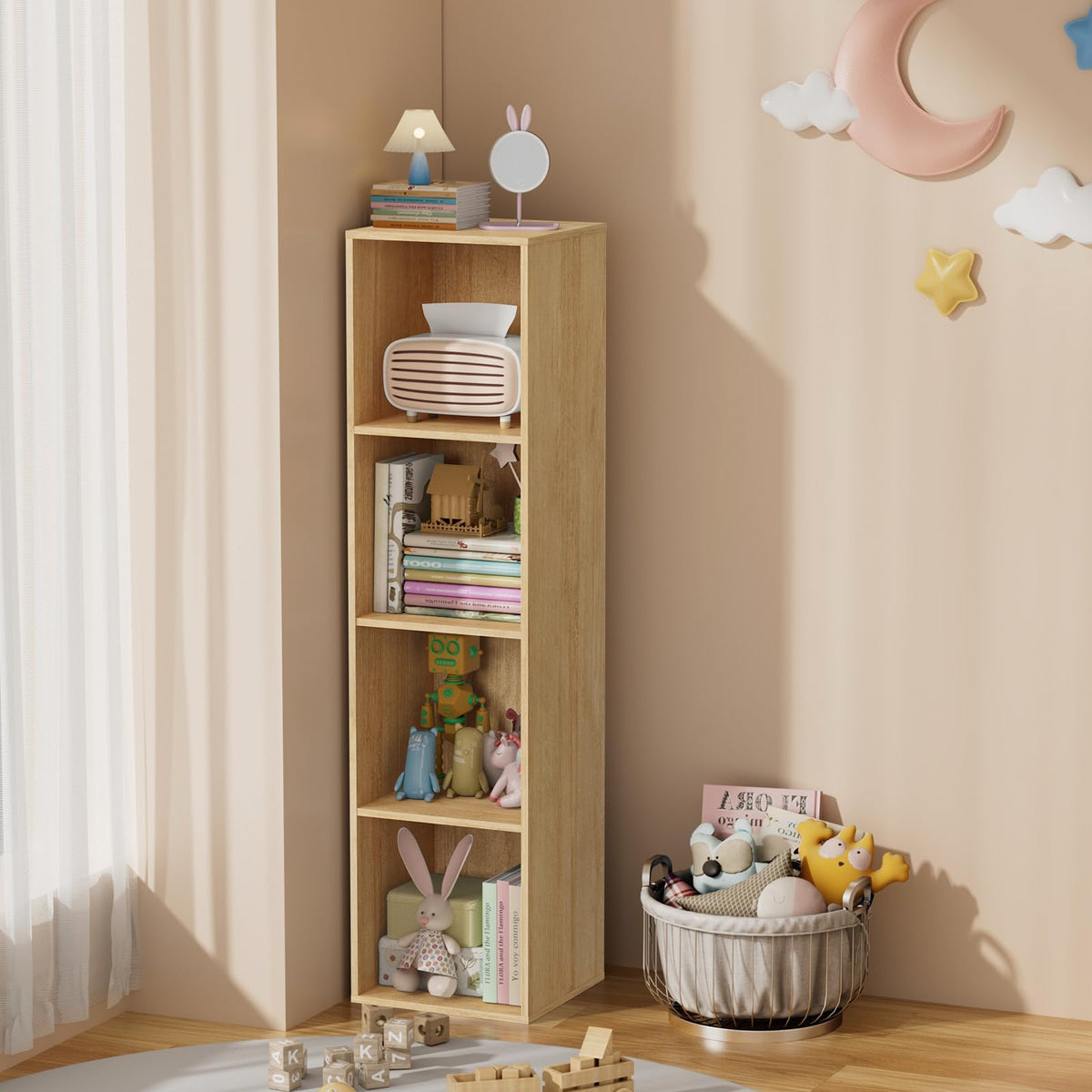 Nestwise 4 Tier Bookshelf, Freestanding Corner Storage Shelve Book Case for Narrow Space, 4 Cube Storage Organizer Small Bookcase for Home Office Living Room (Oak, 4 Cube)