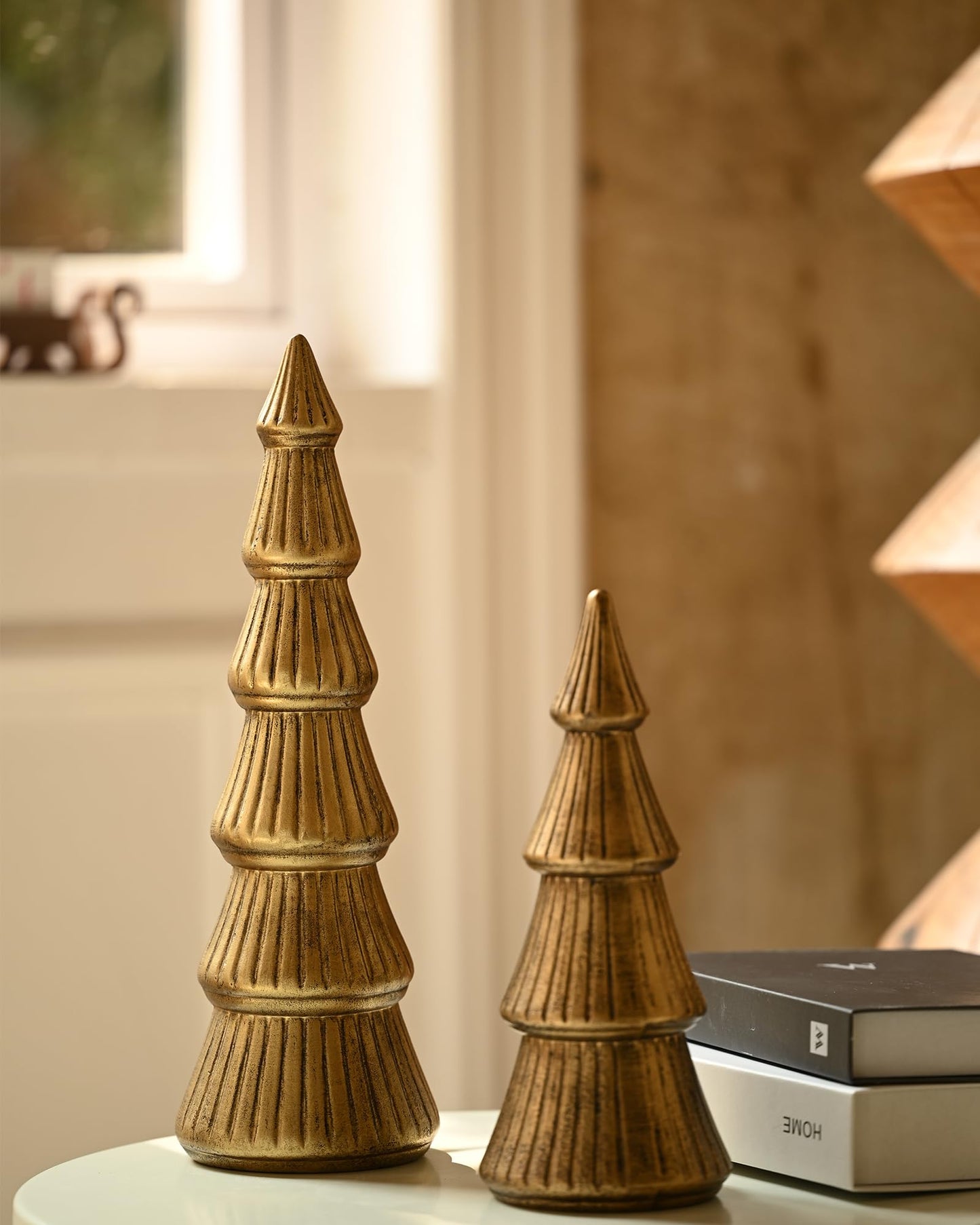 WONDROUS' DECO Christmas Tree Figurine Gold Wooden, Tree Figurines Decorative for Tabletop, Small Glittered Golden Xmas Trees Figurines for Christmas Mantle Indoor Decor