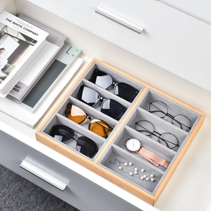 Lunavita Natural Bamboo Velvet Lining Glasses Eyeglass Eyewear Sun glasses Sunglasses Box Storage Case Tray Display Showcase Organizer Box (8 Grids)