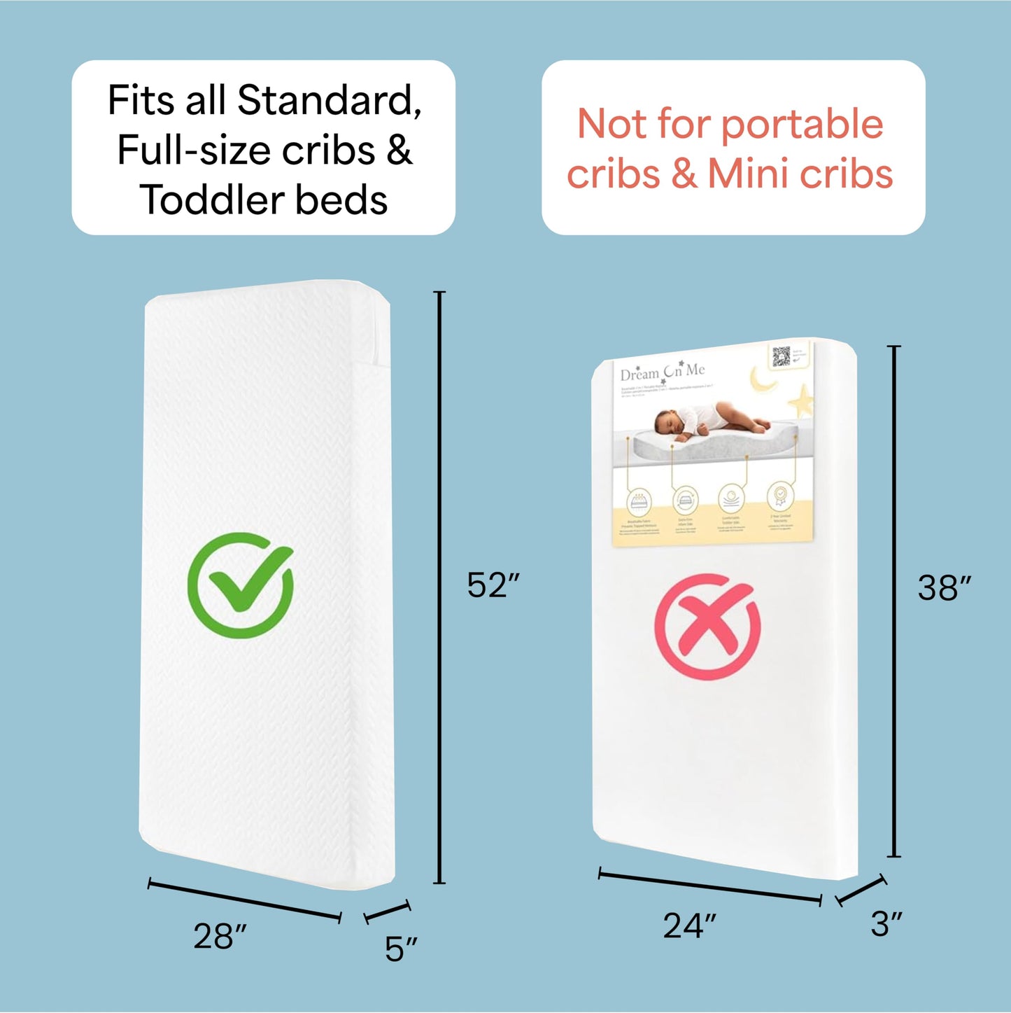 Dream On Me Baby Zzz 5” Full-Size Crib & Toddler Bed Mattress in a Box – GREENGUARD Gold & BSA Certified, Breathable, Water-Resistant, Machine Washable Cover, (52" L x 28" W x 5" H)