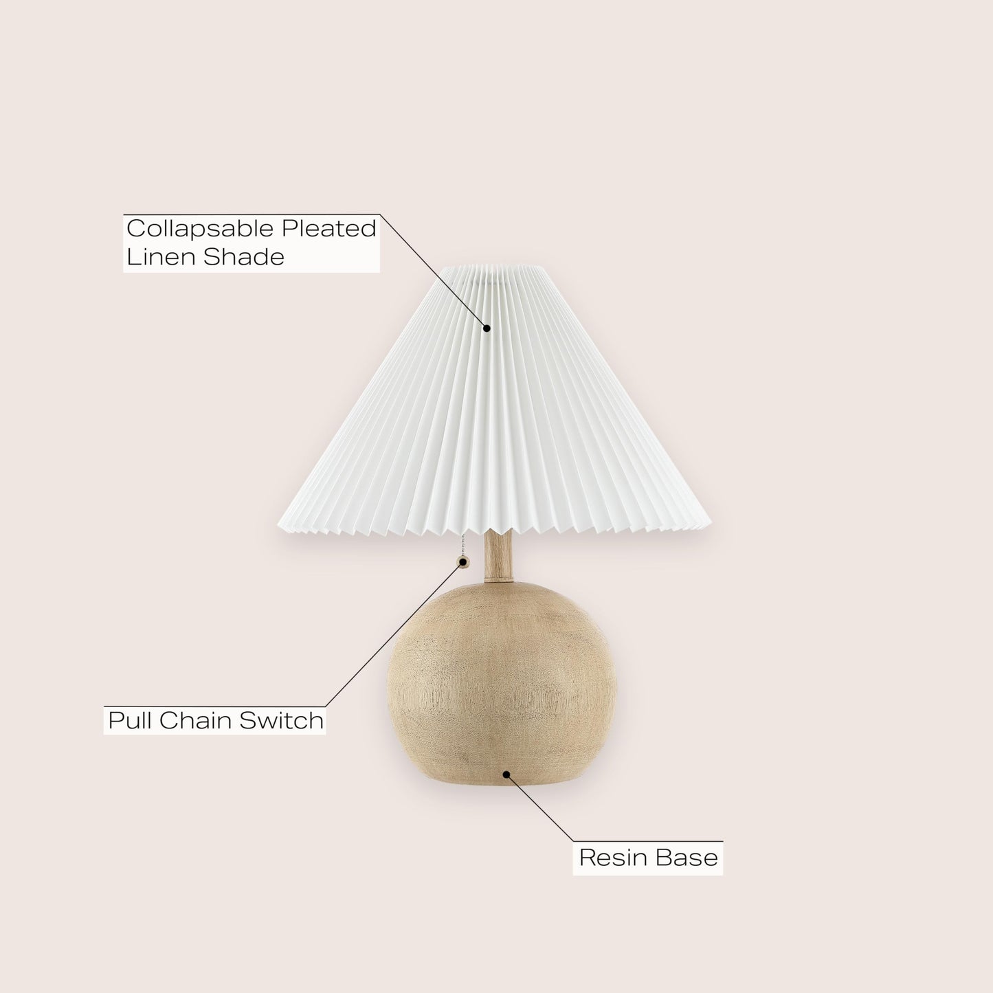 JONATHAN Y 17.25" Beige Wood Finish/White Sphere Table Lamp, Mid-Century Bedside Nightstand with Beige Pleated Linen Shade, Scandinavian Coastal Style, LED Bulb Included (JYL1145B)