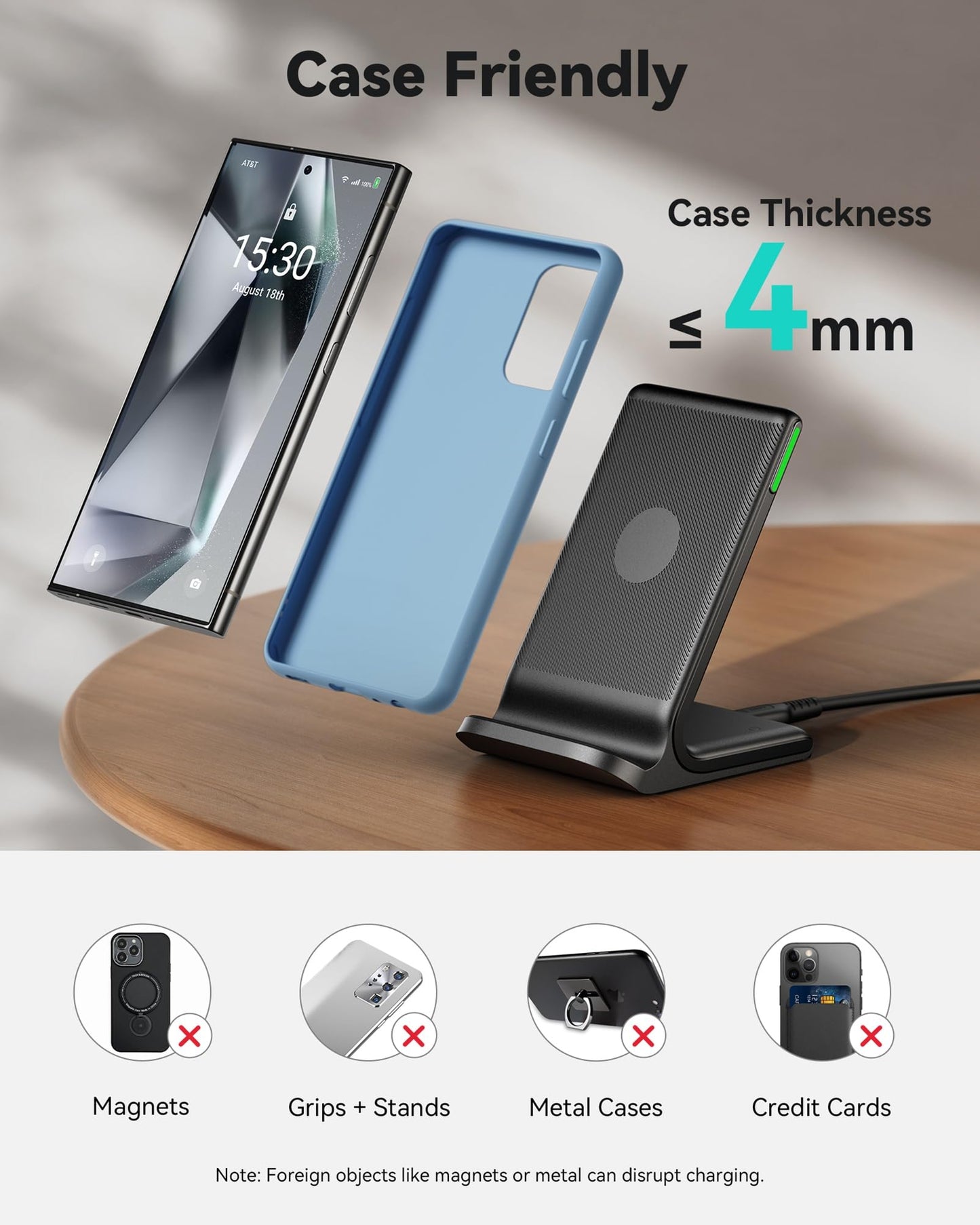 INIU Wireless Charger Stand, 15W Qi Fast Charging Dock Phone Charger, Adaptive LED Wireless Charging Station for iPhone 17 16 15 14 13 12 11 9 8 XR, Samsung S23 S22 S21, LG V40 G8, Pixel 8 7 6 etc.