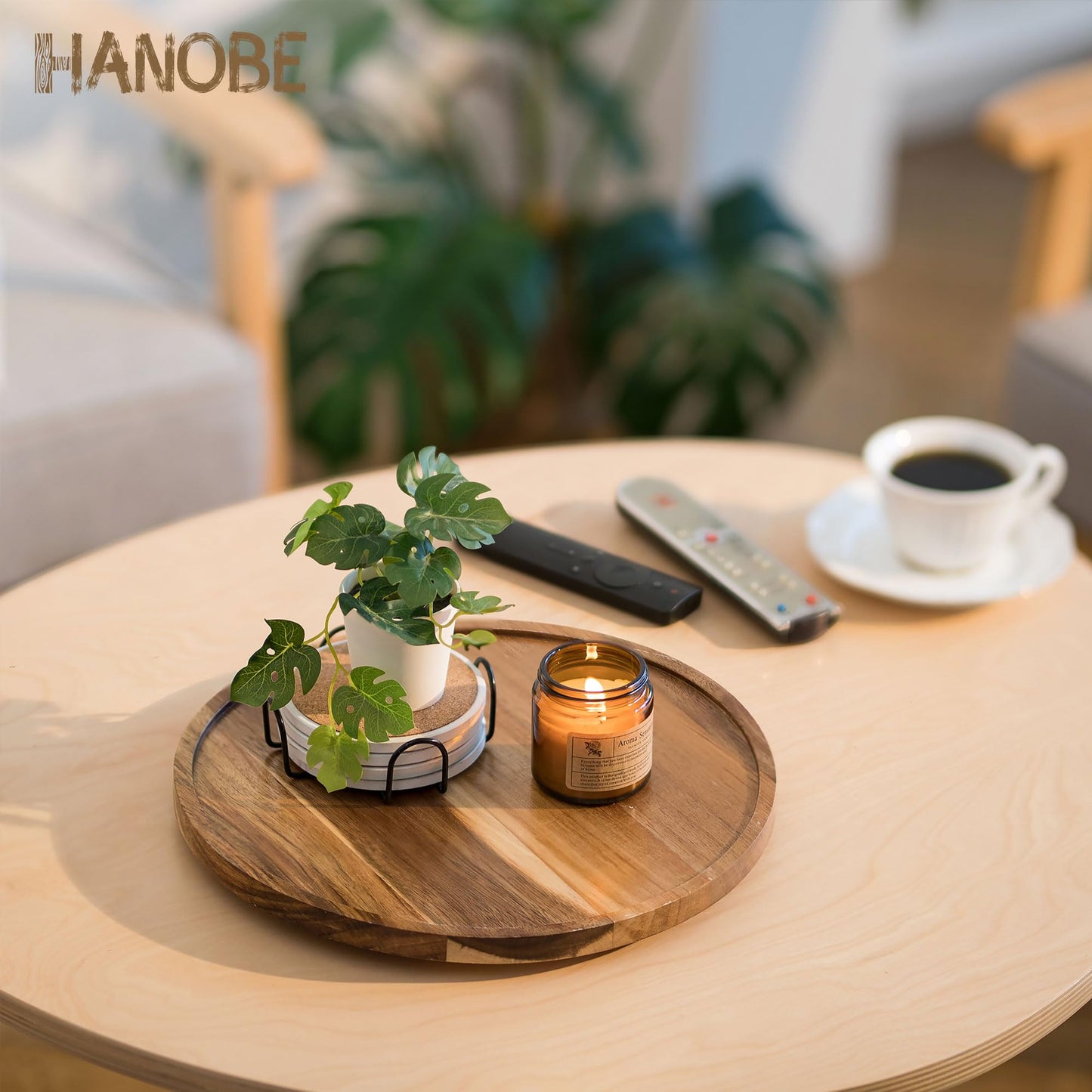 Hanobe Wood Tray Lazy Susan: Round Acacia Wooden Turntable Decorative Coffee Table Trays for Kitchen Counter Centerpiece Organizer Decor for Cabinet