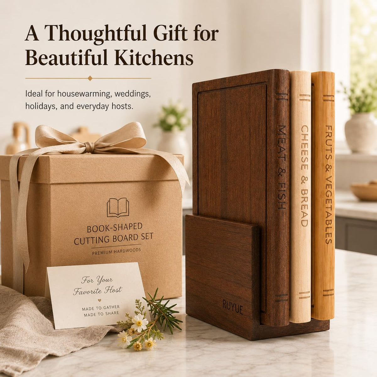 Book Shaped Cutting Board Set with Walnut Stand, 3 PCS Wooden Cutting Boards (13"x10"), Maple Sapele & Bamboo Charcuterie Serving Boards, Decorative Kitchen Decor Gift for Housewarming (1Set)