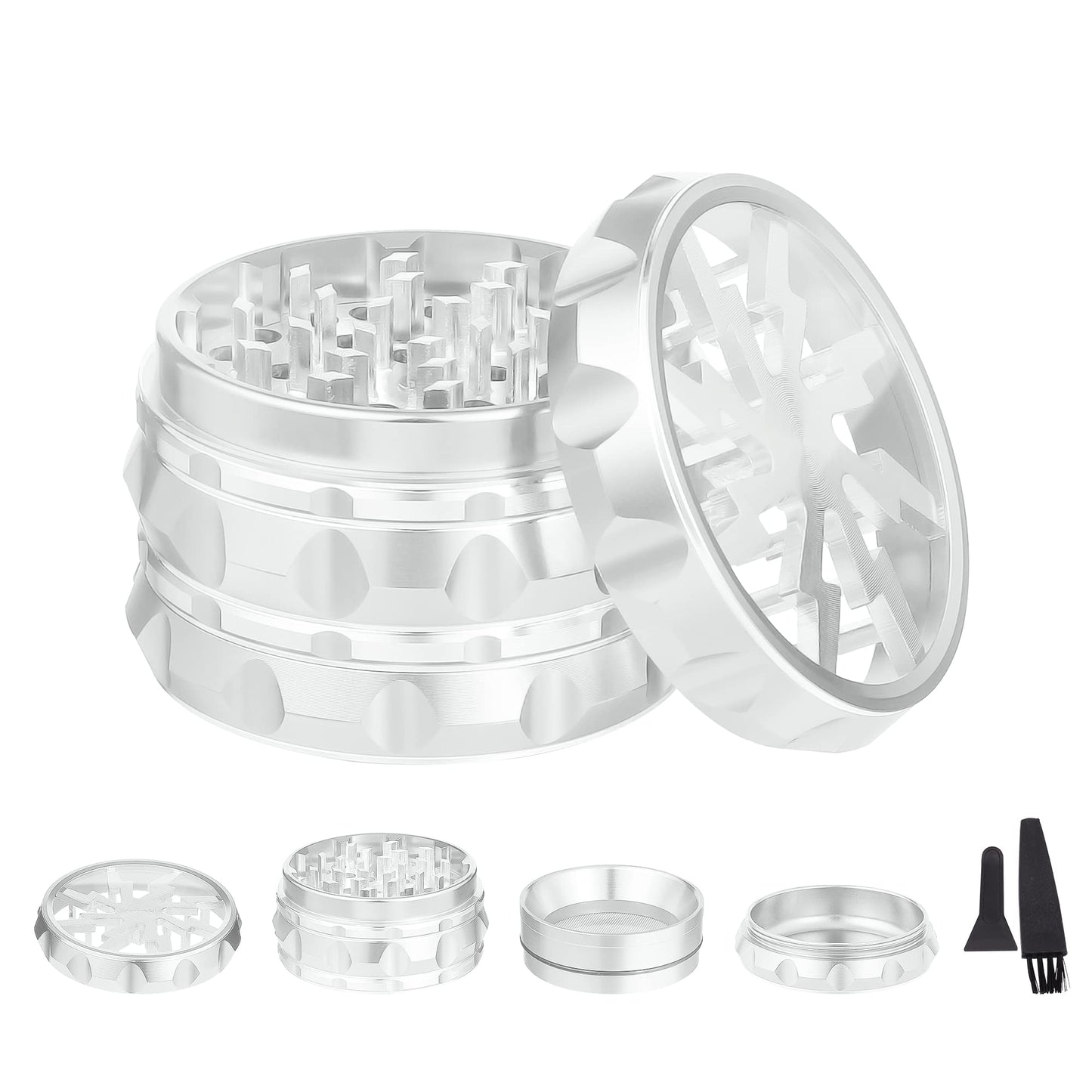 TIRIRS 2.5" 4 Pieces Clear Top Herb Grinder - Aluminium Spice Grinder with Pollen Scraper and Cleaning Brush - Silver.