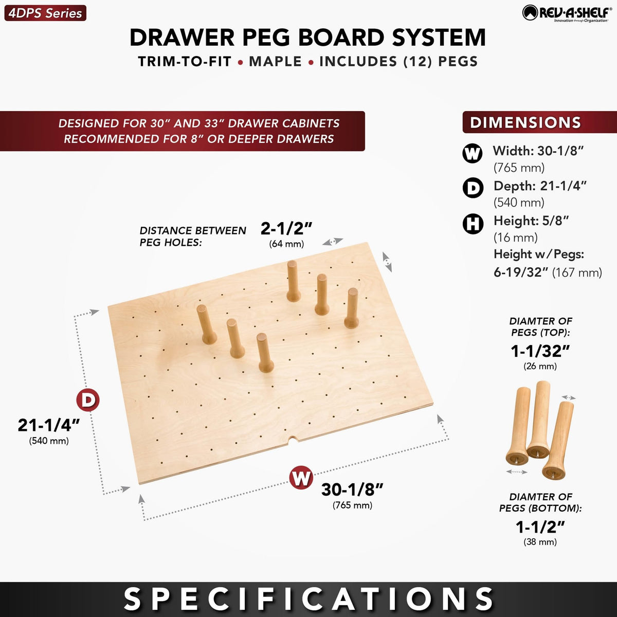 Rev-A-Shelf Trimmable Pegboard Drawer Divider Organizer, Trim to Custom Fit Wooden Kitchen Cabinet Storage Utensil, Pots & Dish Rack, 30" x 21", 4DPS-3021